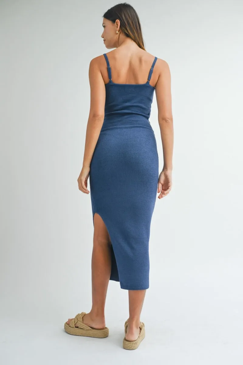Aurora | Navy Wooden Beaded Bodycon Midi Dress