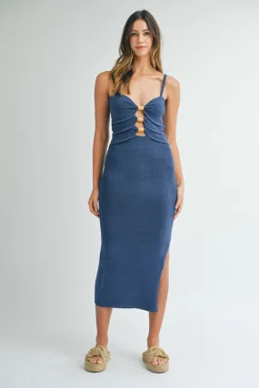 Aurora | Navy Wooden Beaded Bodycon Midi Dress