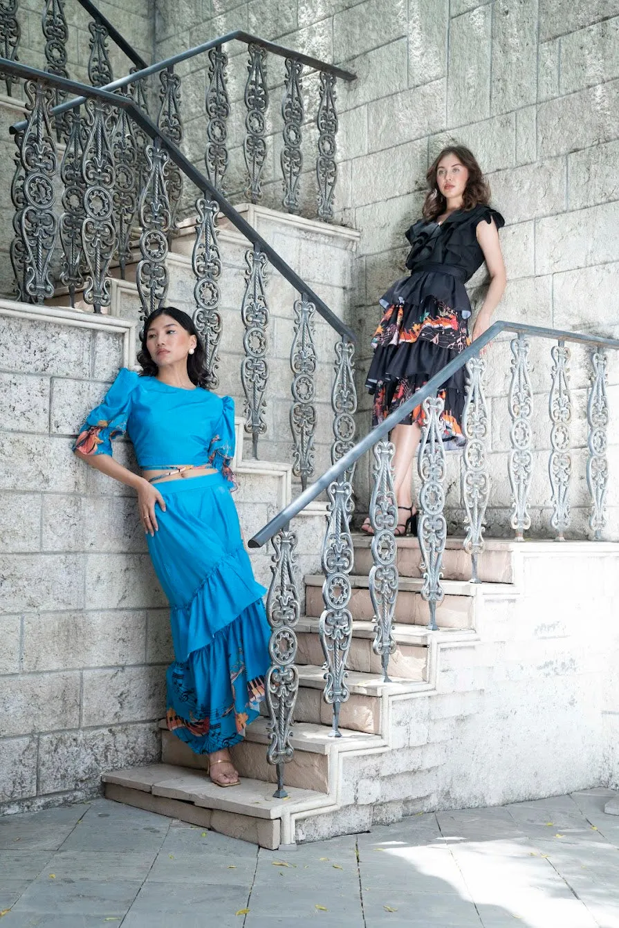 Azure piano printed skirt set