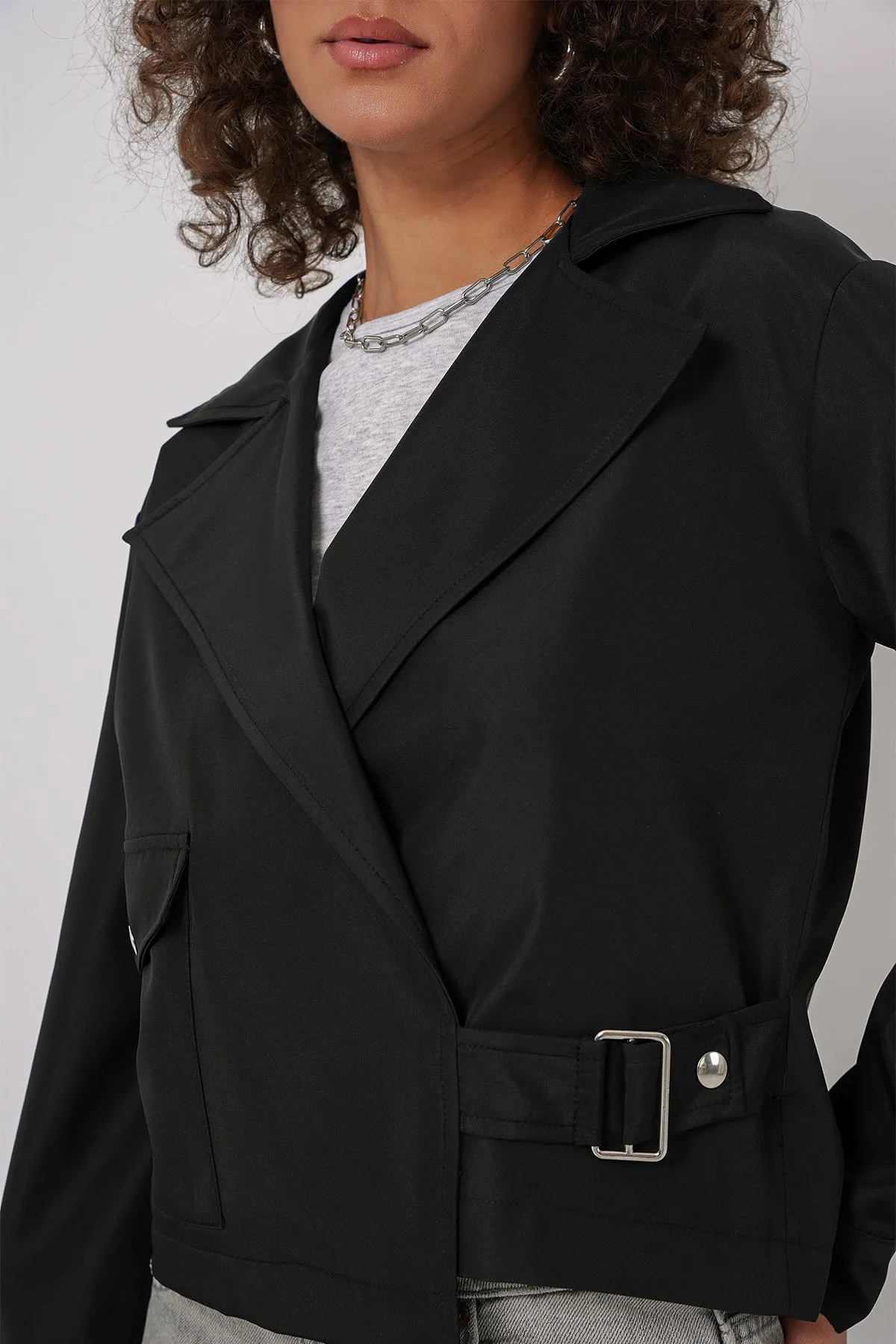 BGD Women Double Breasted Short Trench Coat - Black - Maple Grove