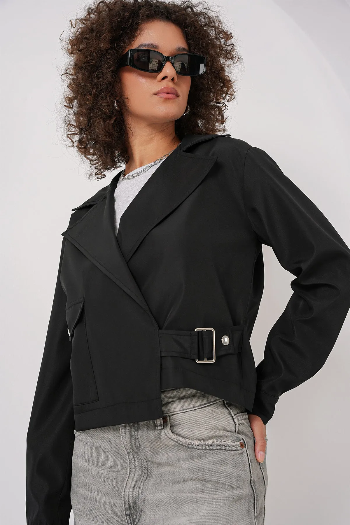BGD Women Double Breasted Short Trench Coat - Black - Maple Grove