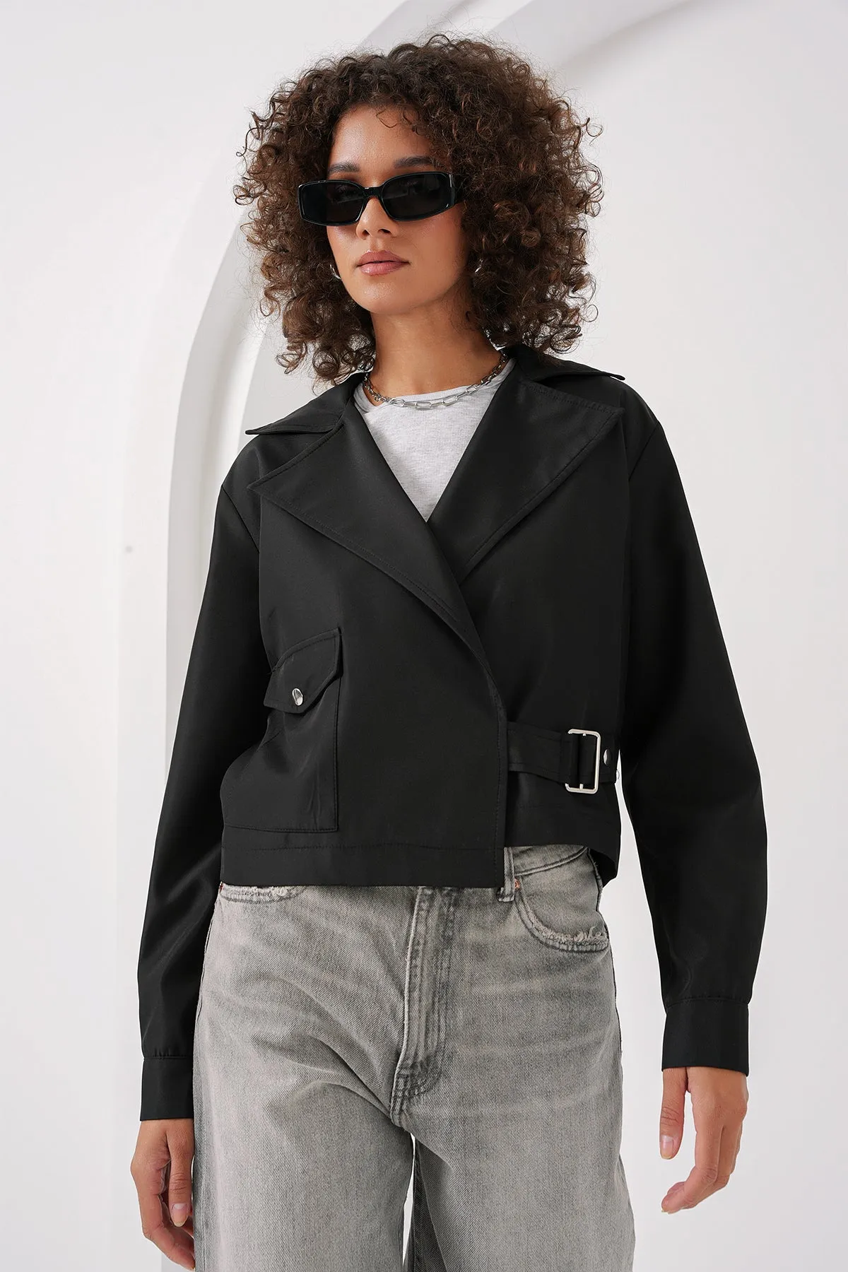 BGD Women Double Breasted Short Trench Coat - Black - Maple Grove