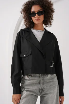 BGD Women Double Breasted Short Trench Coat - Black - Maple Grove