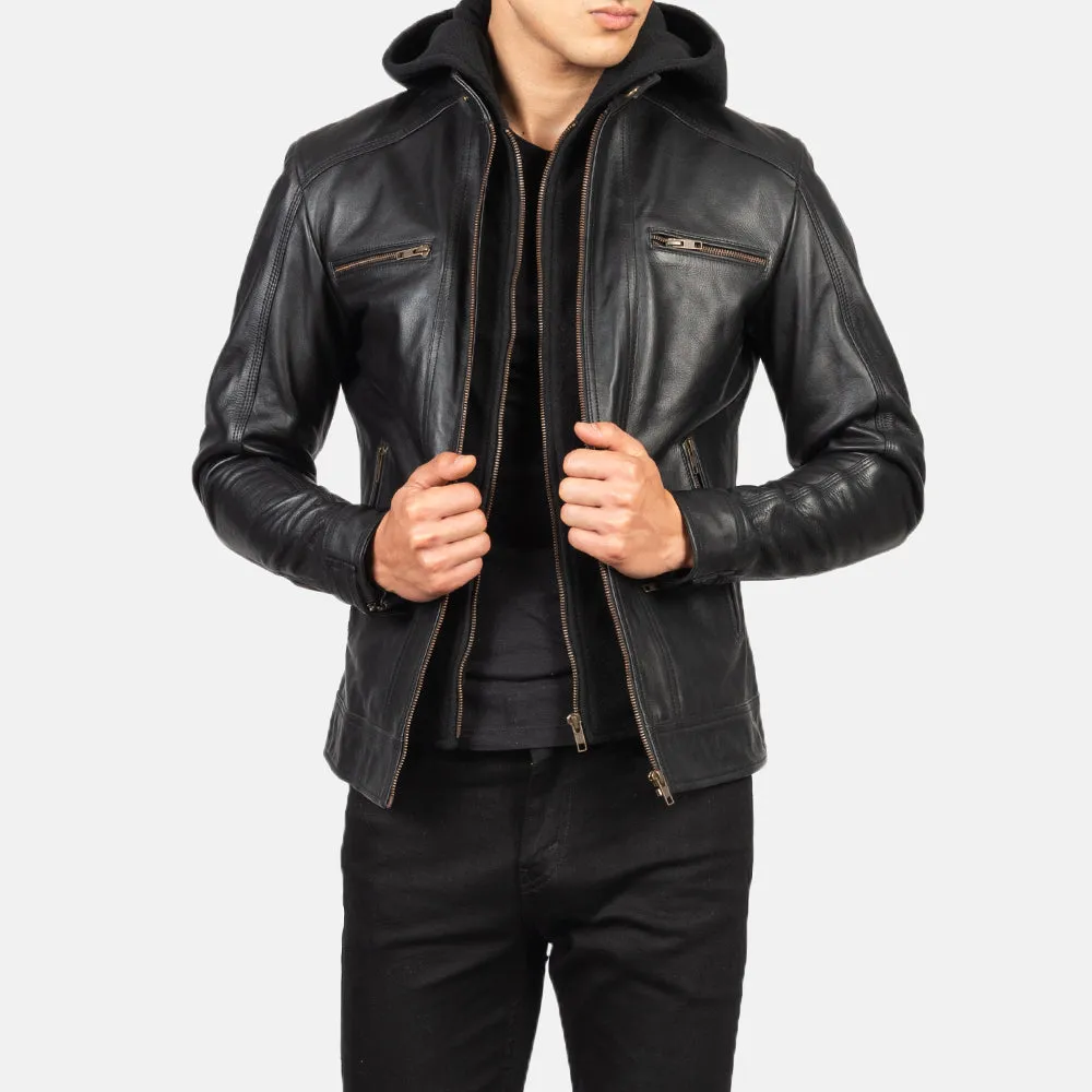 BIKER-1434 MUSH Black Hooded Leather Biker Jacket