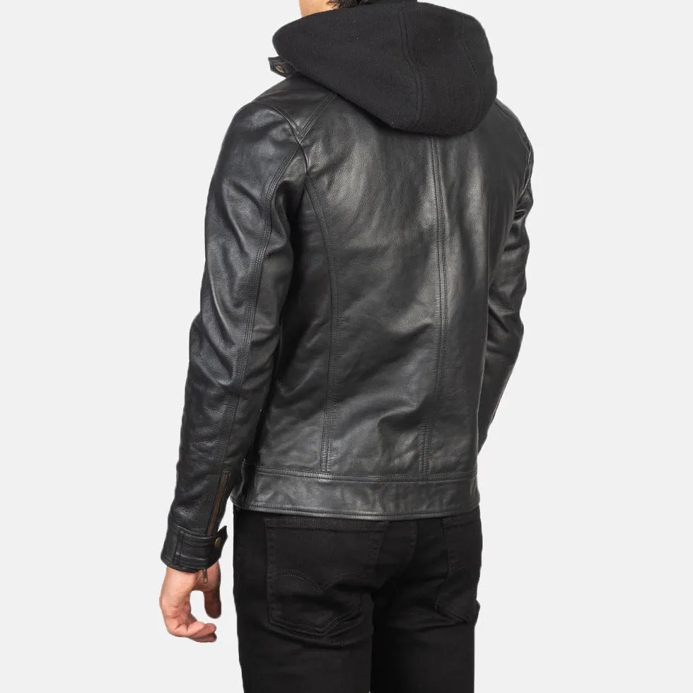 BIKER-1434 MUSH Black Hooded Leather Biker Jacket