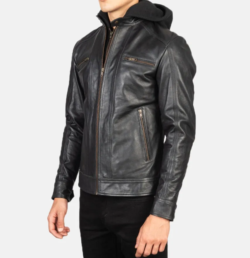 BIKER-1434 MUSH Black Hooded Leather Biker Jacket