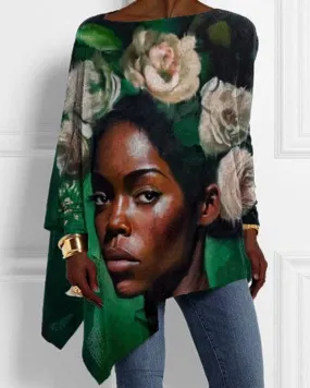 Black Girl Art Flower Print One-shoulder Hollowed-out Irregular Top