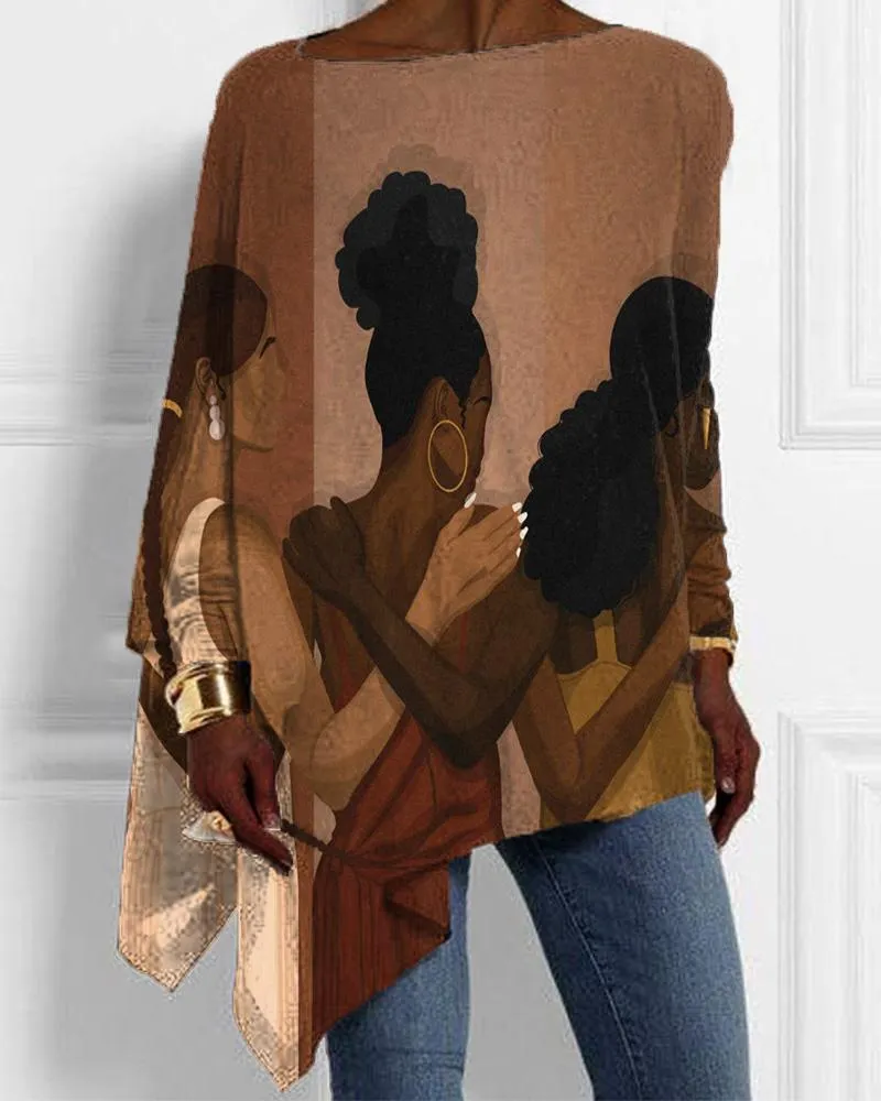 Black Girl Color Matching Personality Print Irregular Hem Ladies Top