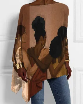 Black Girl Color Matching Personality Print Irregular Hem Ladies Top