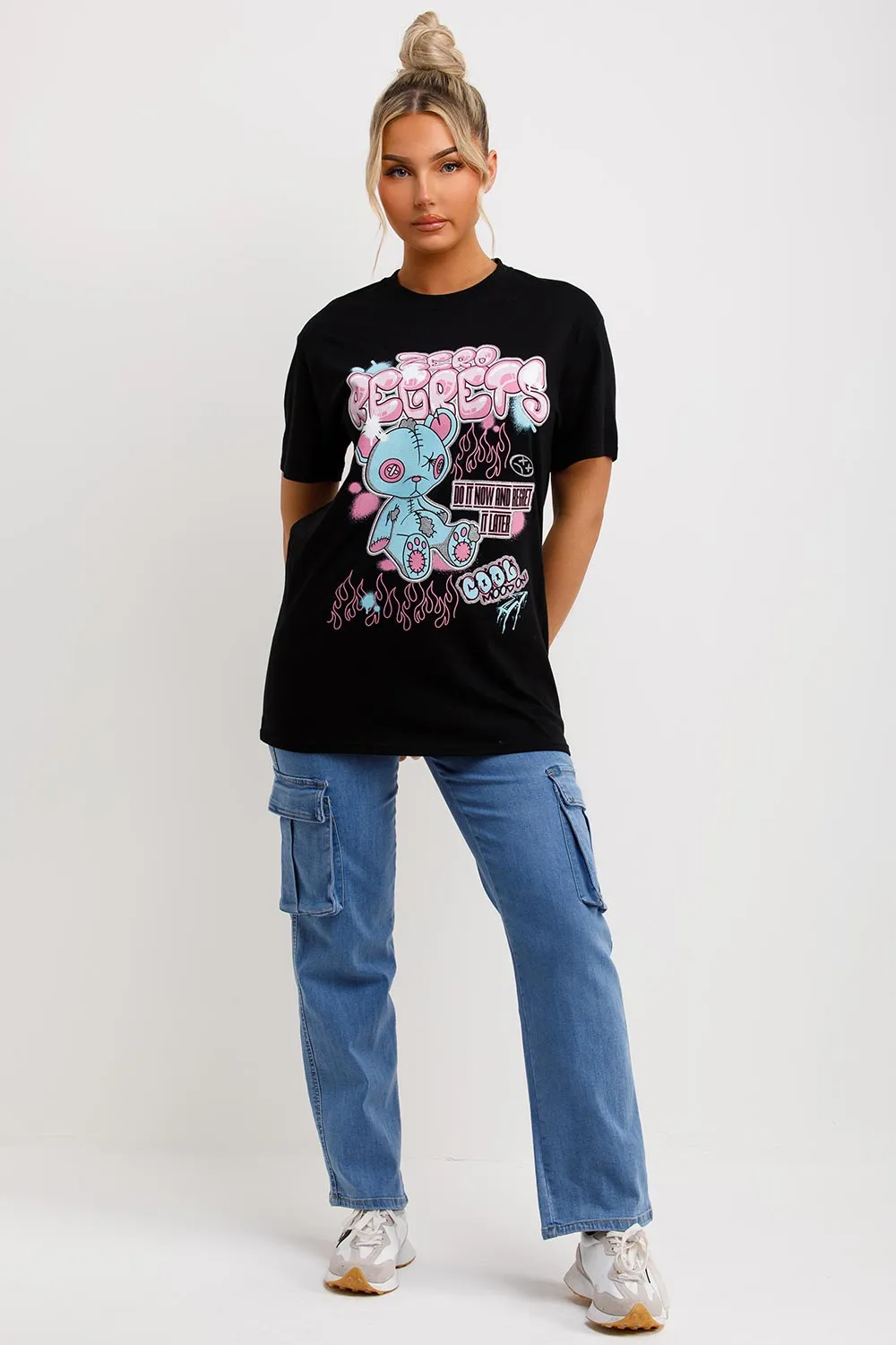 Black T Shirt With Teddy Bear Zero Regrets Graphics