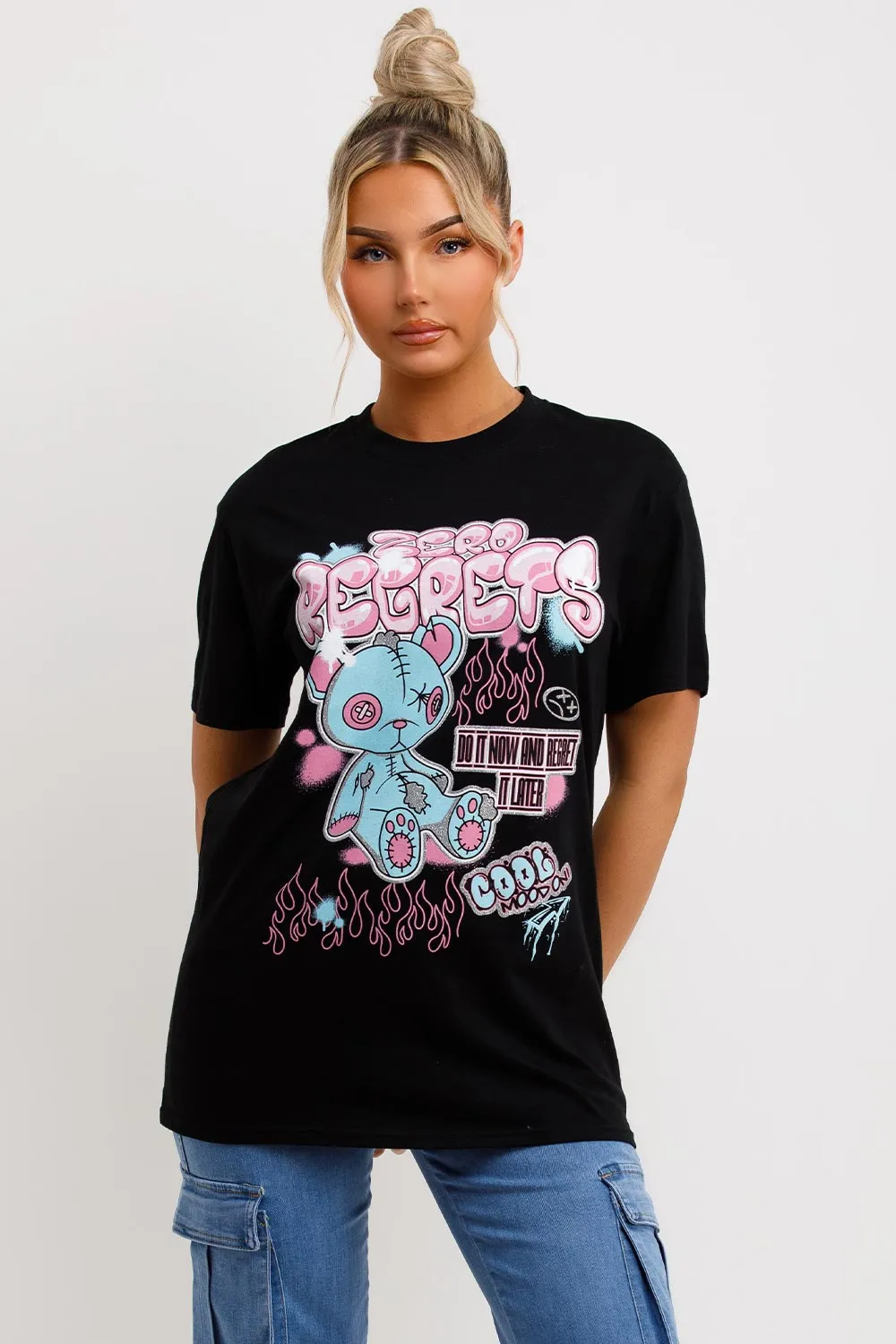 Black T Shirt With Teddy Bear Zero Regrets Graphics
