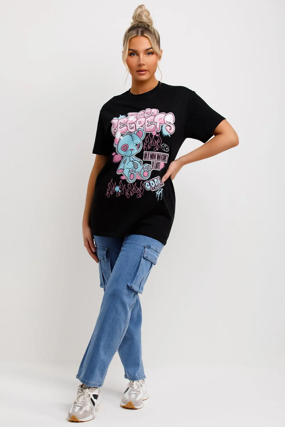 Black T Shirt With Teddy Bear Zero Regrets Graphics