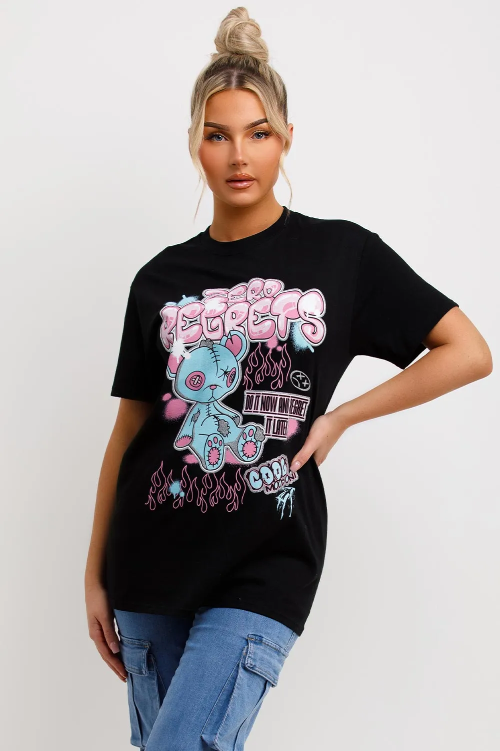 Black T Shirt With Teddy Bear Zero Regrets Graphics