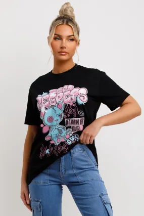 Black T Shirt With Teddy Bear Zero Regrets Graphics