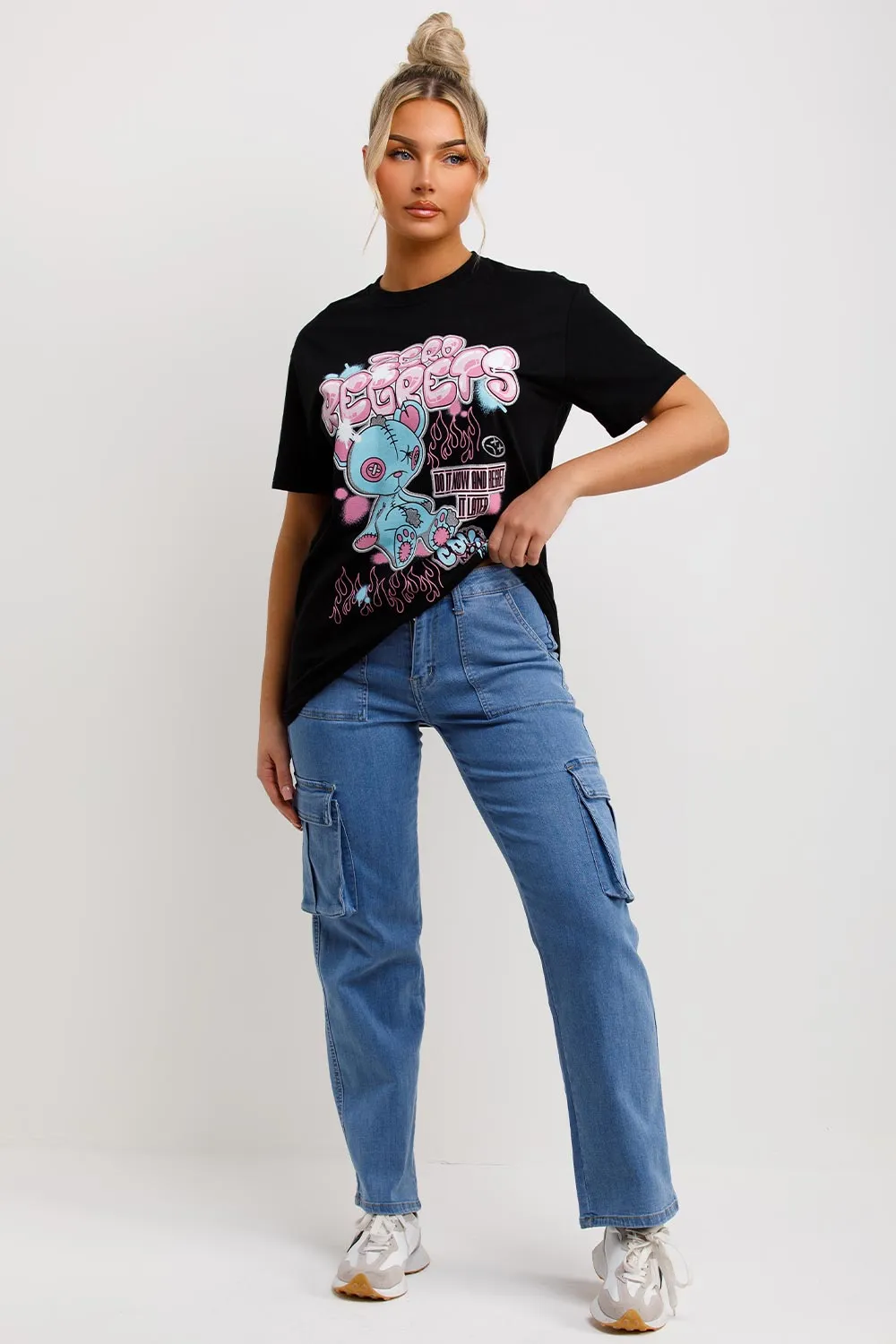 Black T Shirt With Teddy Bear Zero Regrets Graphics