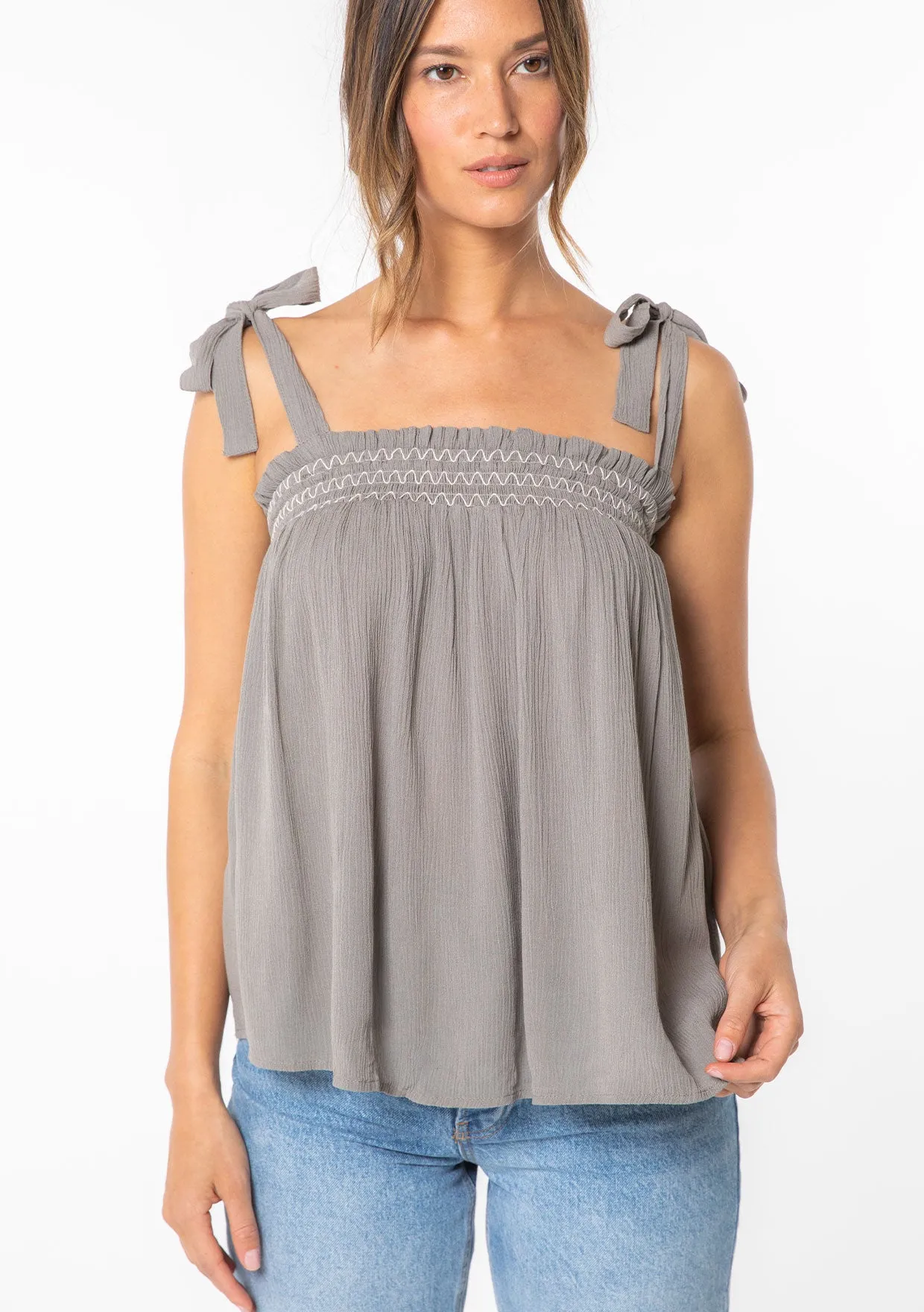 Bohemian Tie Shoulder Smocked Tank Top