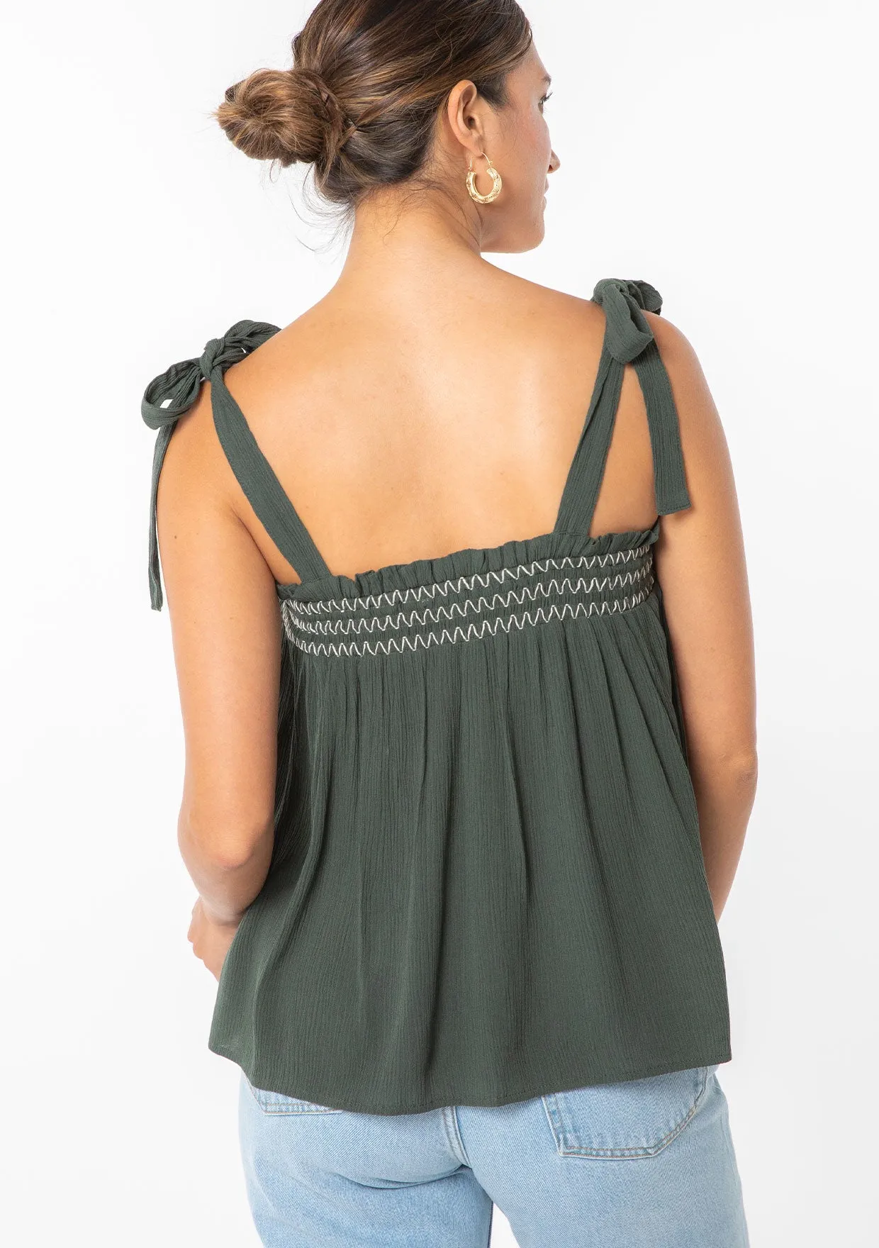 Bohemian Tie Shoulder Smocked Tank Top