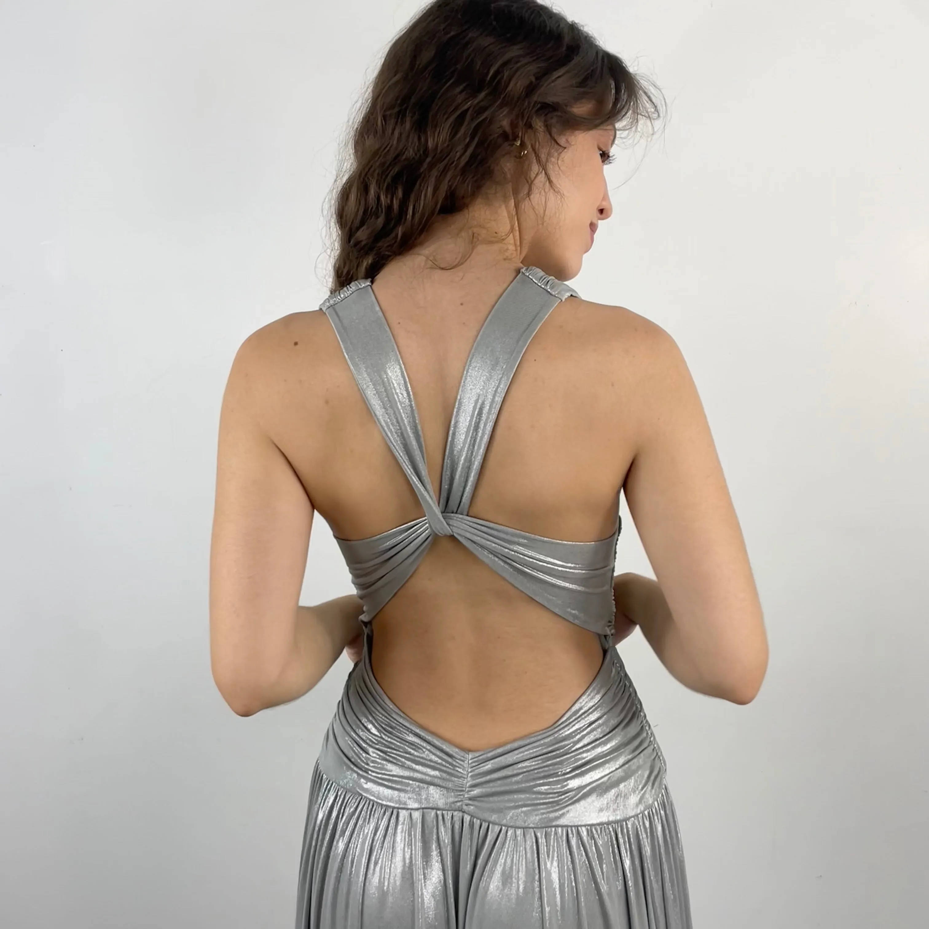 Calvin Klein Designer Open Back Maxi Drape Silver Gown Small