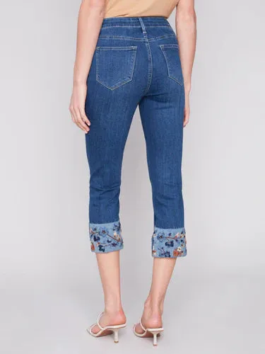  Cropped Jeans With Embroidered Cuff - Indigo