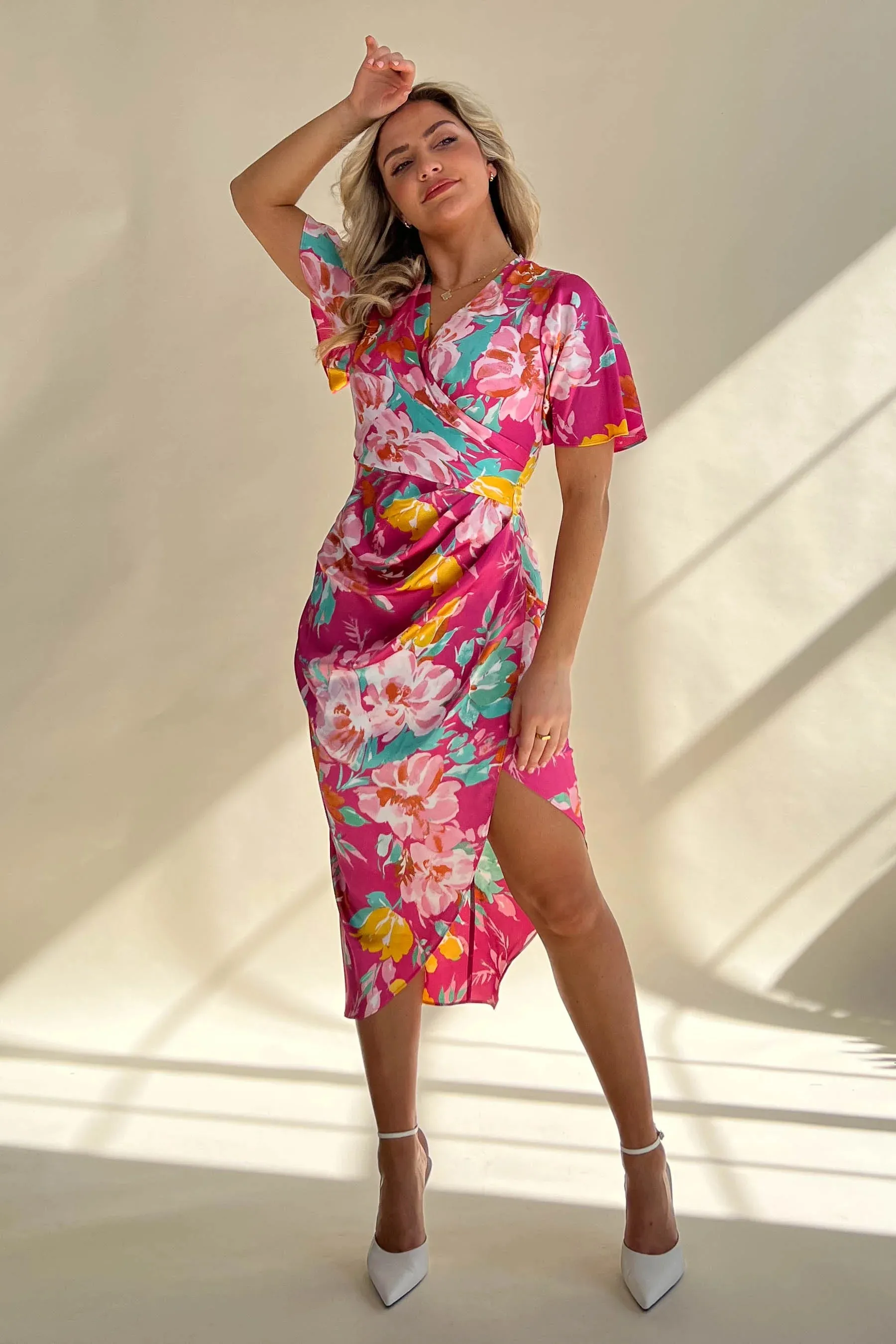 Girl in Mind Natasha Pink Floral Angel Sleeve Wrap Midi Dress