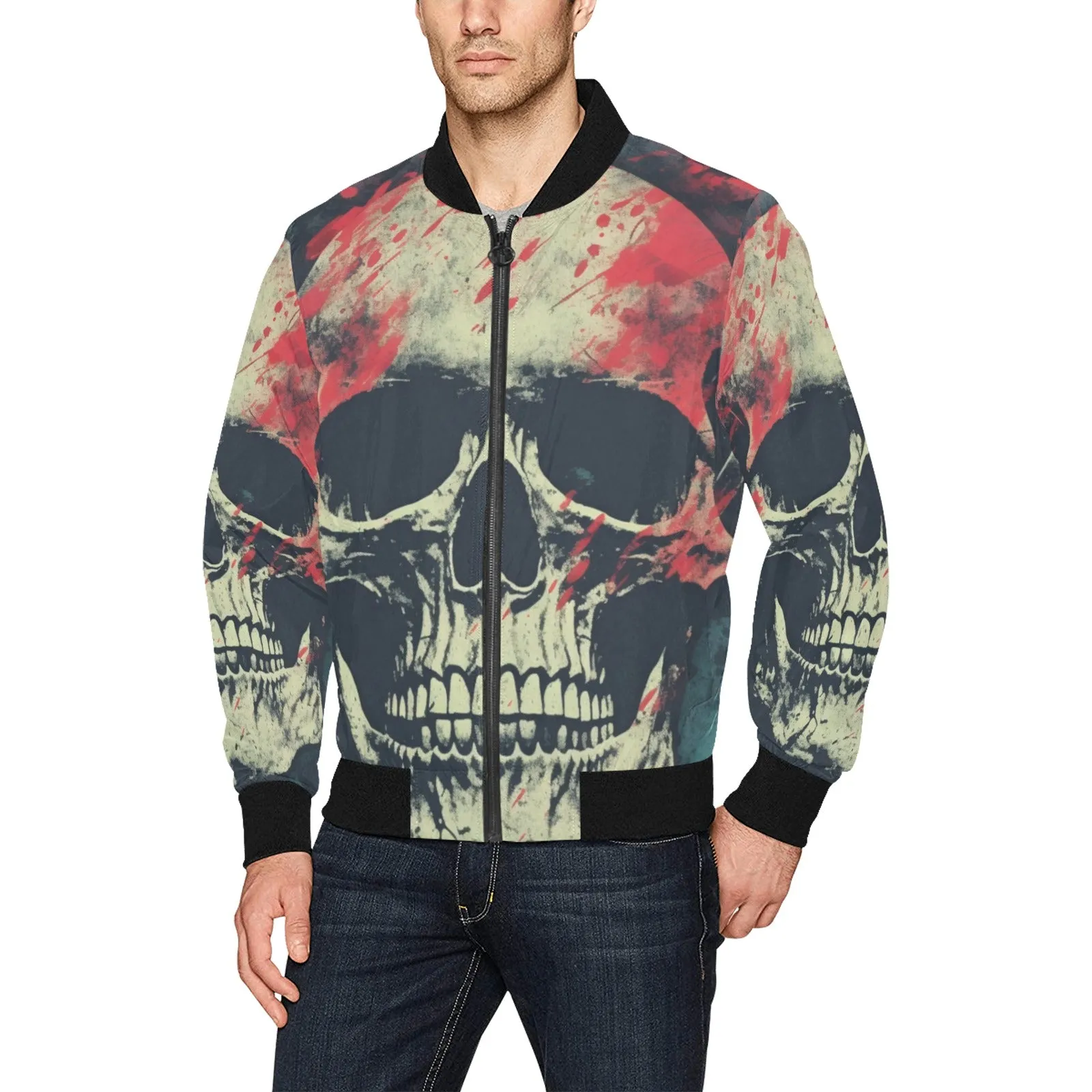 Grunge Skull Splattered Pattern Bomber Jacket