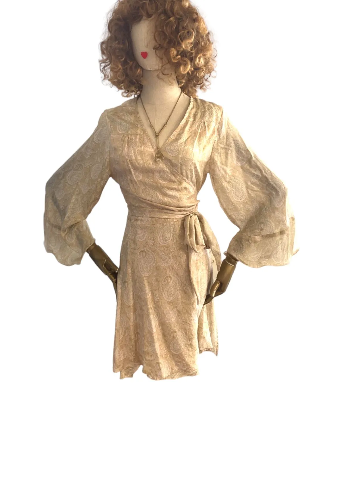 Hannah Artwear Wrap Mini Dress | One Size Beige, 100% Silk, Flare Sleeves