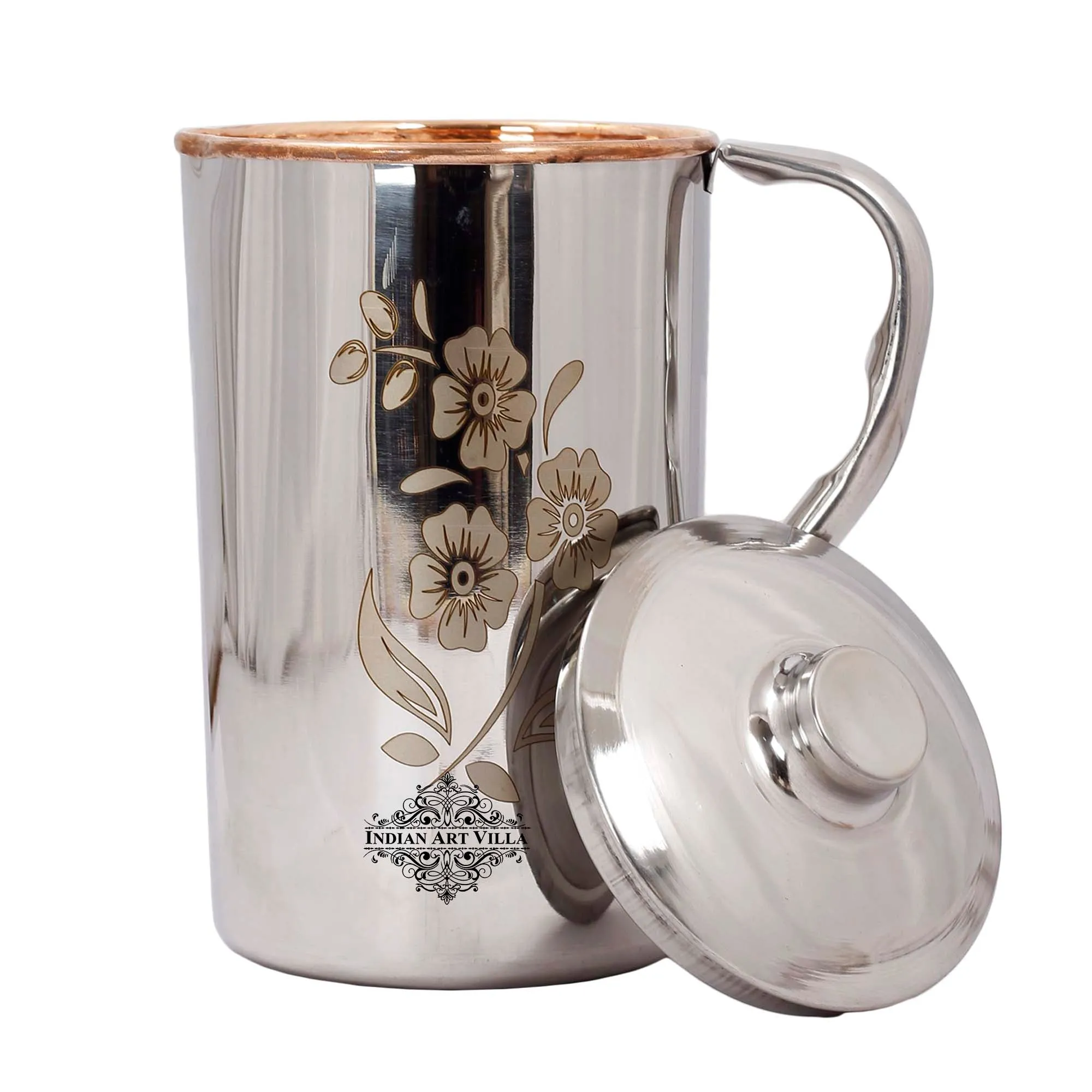 Indian Art Villa Steel Copper Flower Design Jug Storage And Serving Purpose