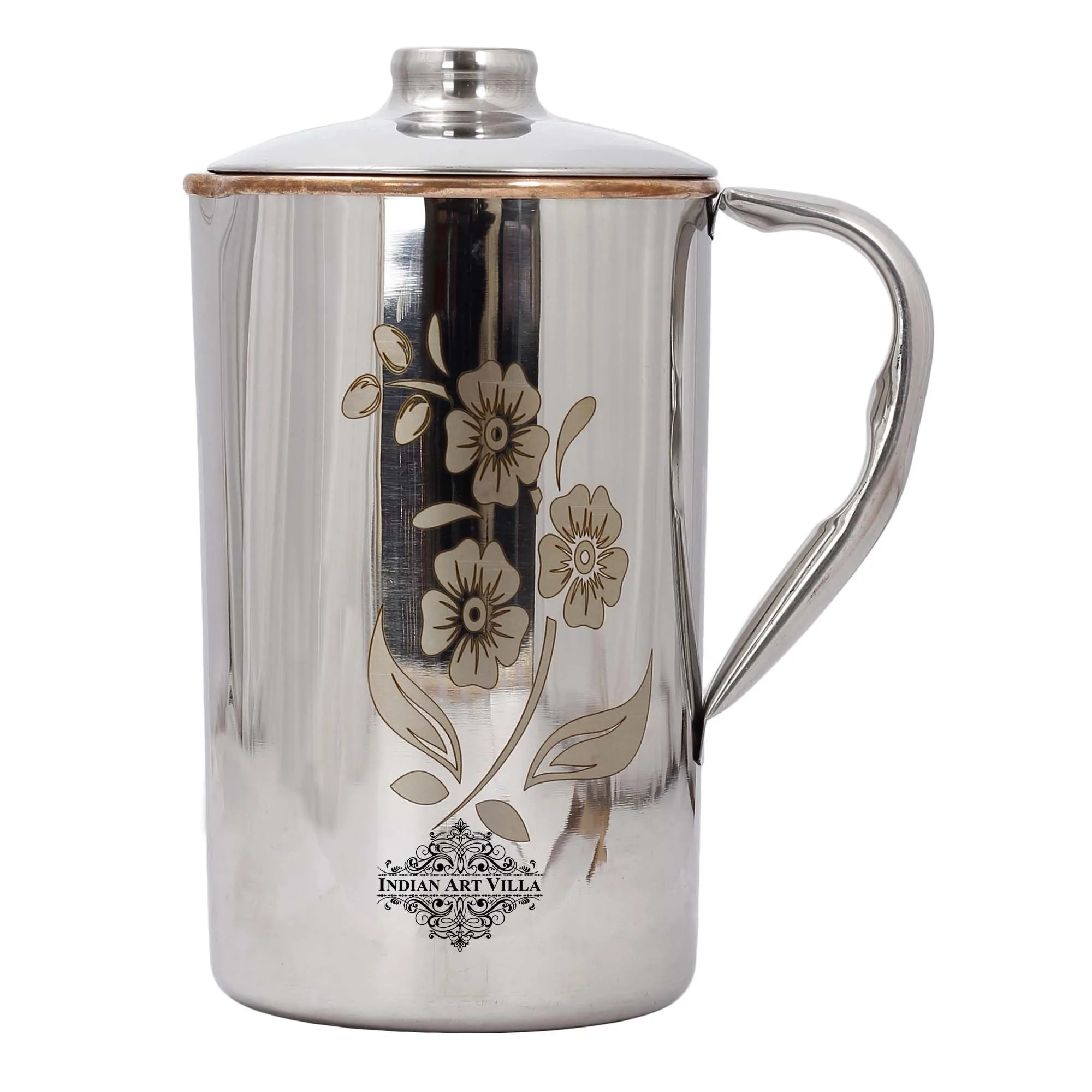 Indian Art Villa Steel Copper Flower Design Jug Storage And Serving Purpose