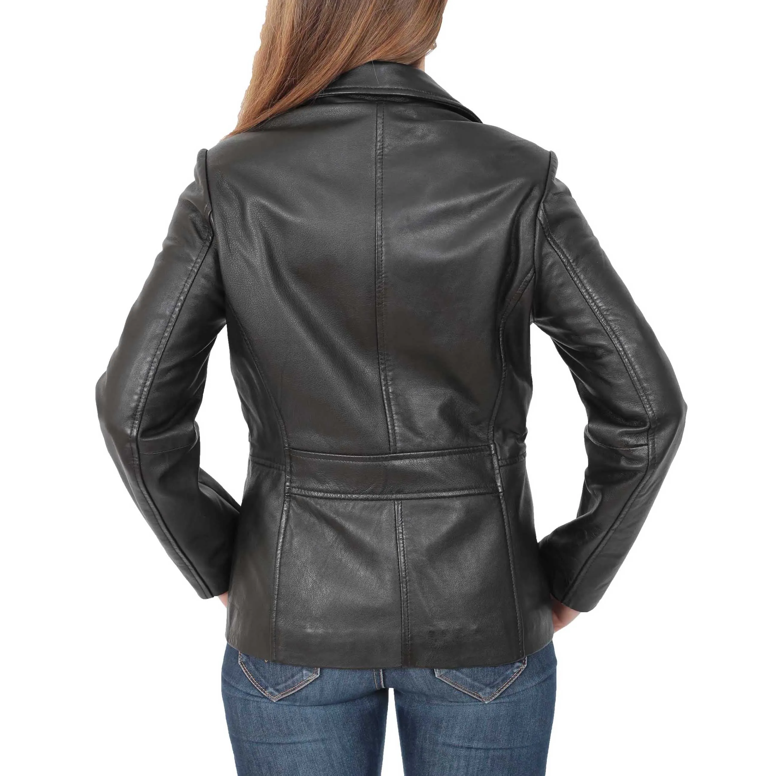 Ladies Leather Blazer Coat Fitted Classic Hip Length Jacket Judy Black
