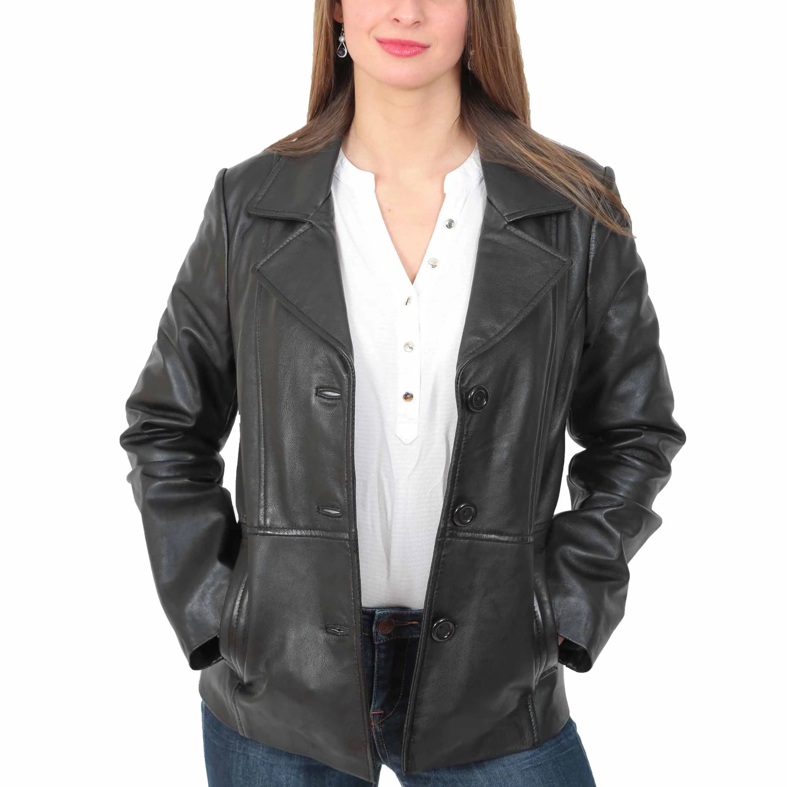 Ladies Leather Blazer Coat Fitted Classic Hip Length Jacket Judy Black