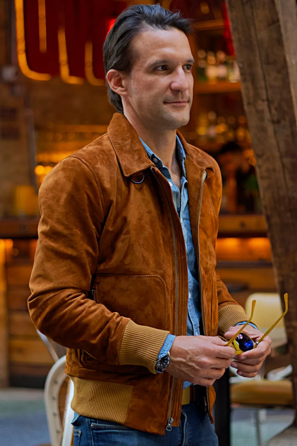 LONDON Classic Lightweight Jacket in Suede - Amber