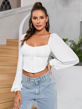 Long Sleeve Ruched Bust Zipper Back Crop Top