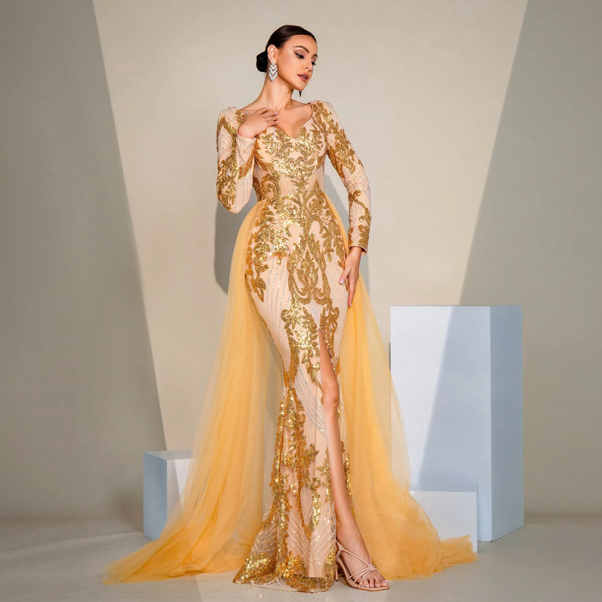 Long Sleeve V neck Sequin Mesh Evening Dress