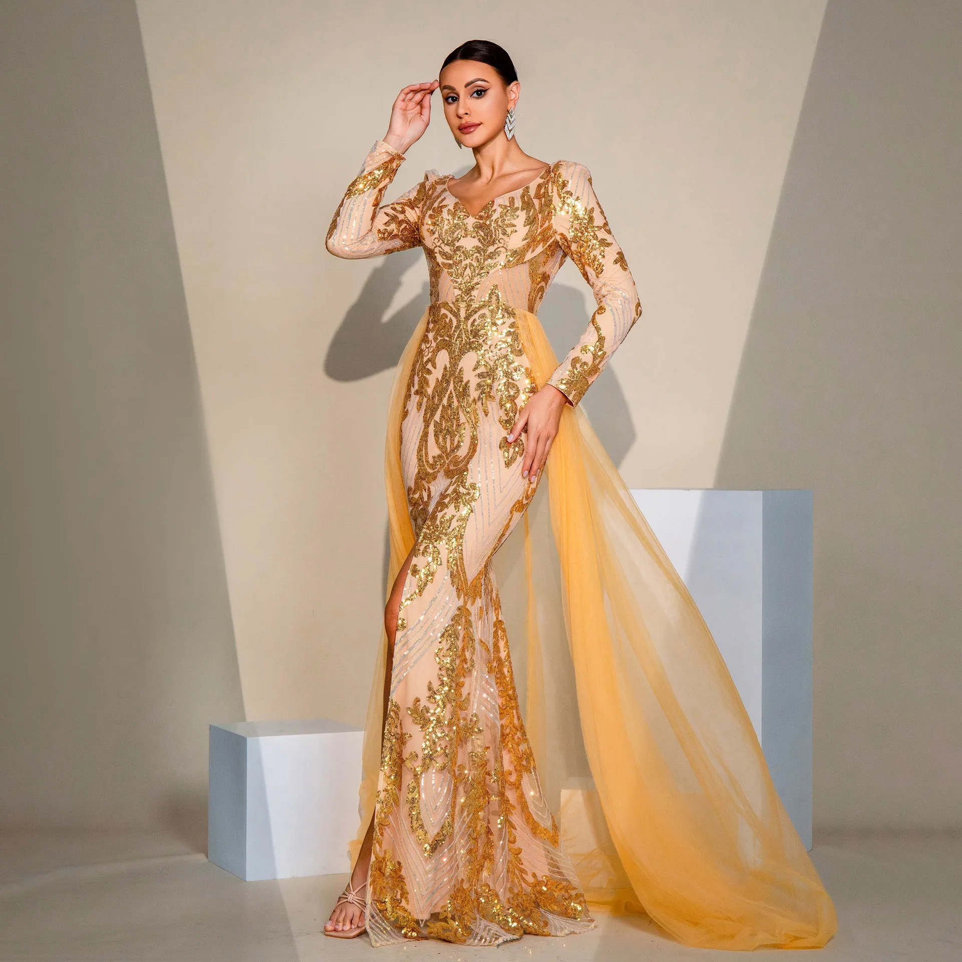 Long Sleeve V neck Sequin Mesh Evening Dress