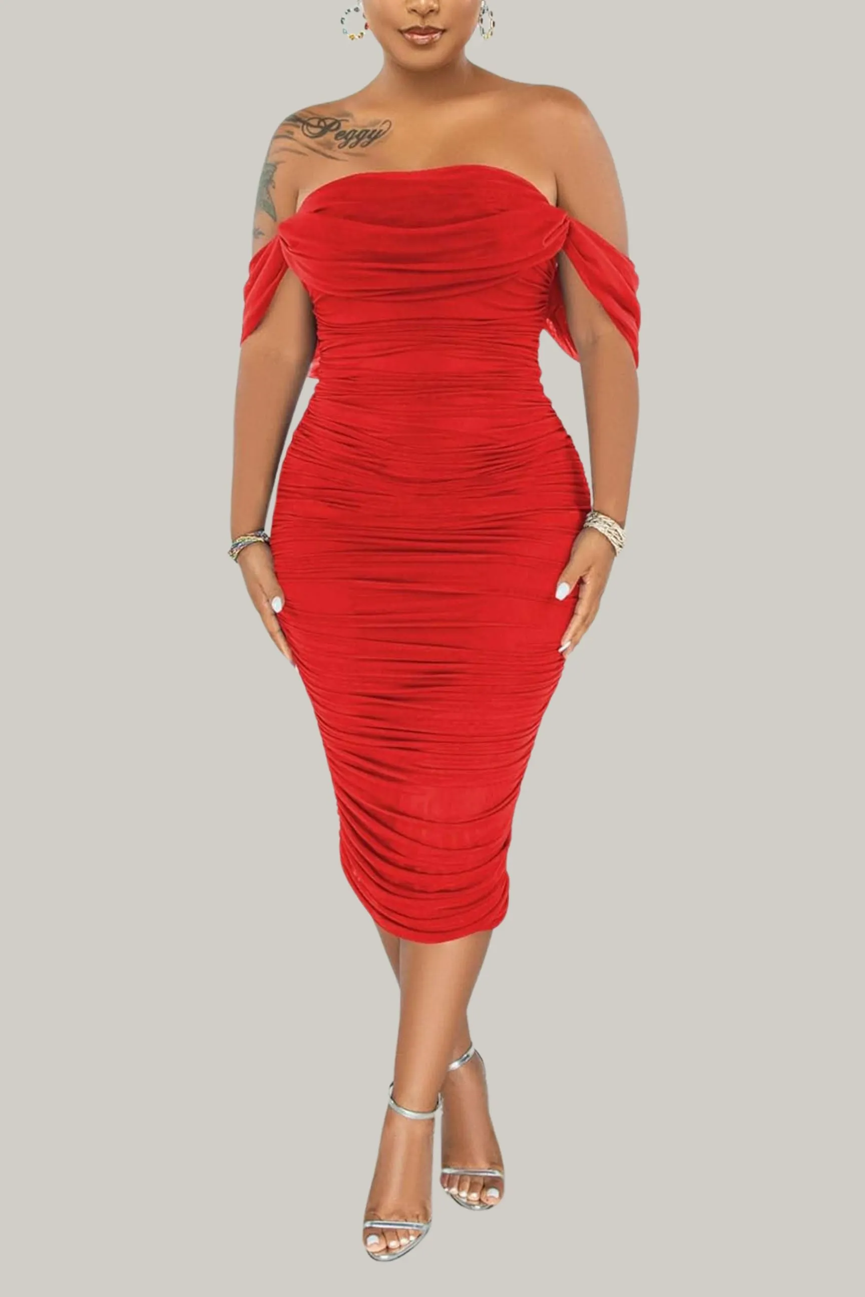 Maci Sexy Off Shoulder Bodycon Ruched Midi Dress