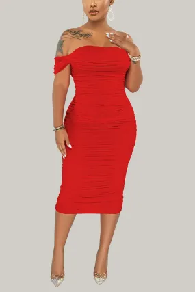 Maci Sexy Off Shoulder Bodycon Ruched Midi Dress