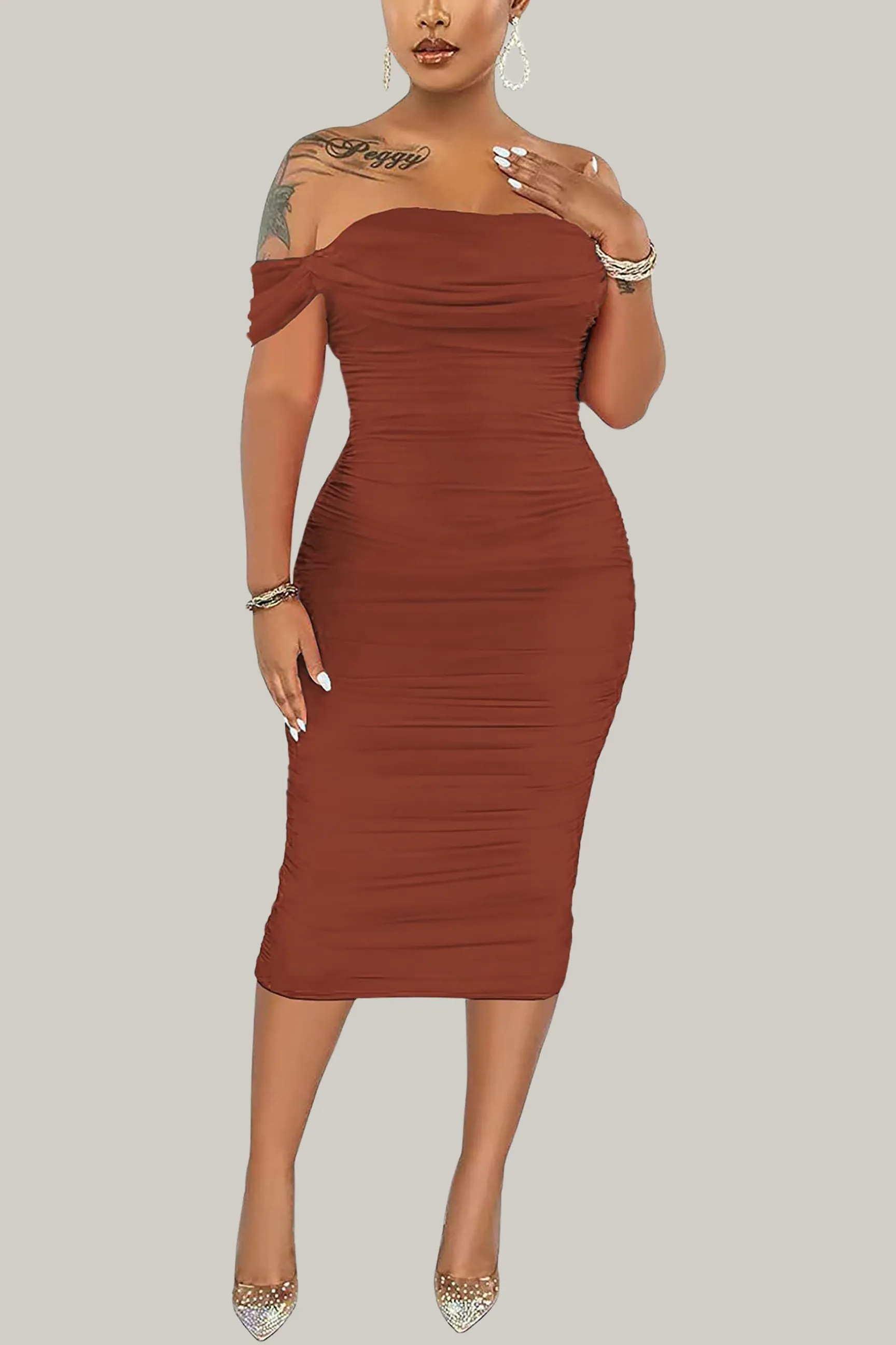 Maci Sexy Off Shoulder Bodycon Ruched Midi Dress