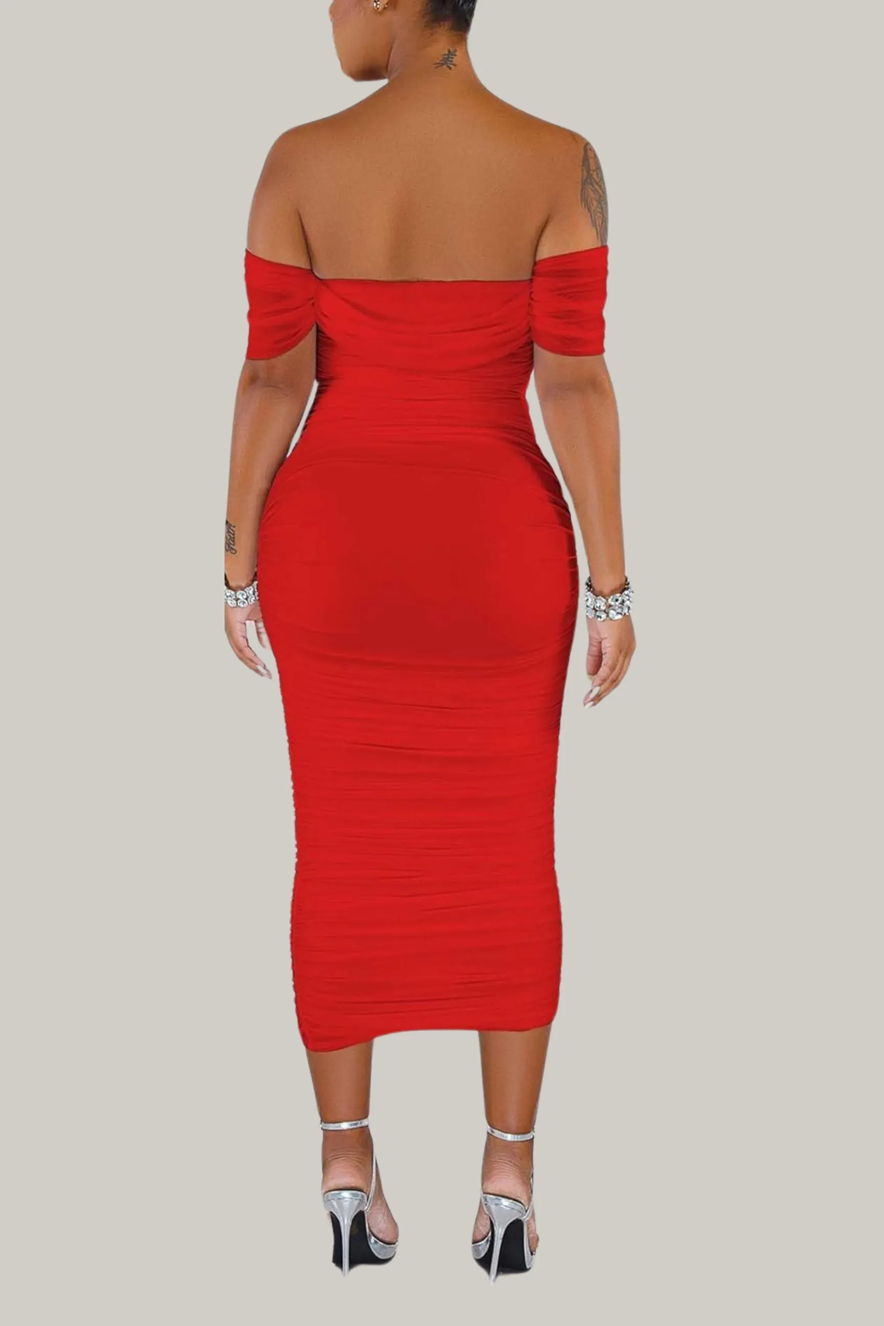 Maci Sexy Off Shoulder Bodycon Ruched Midi Dress