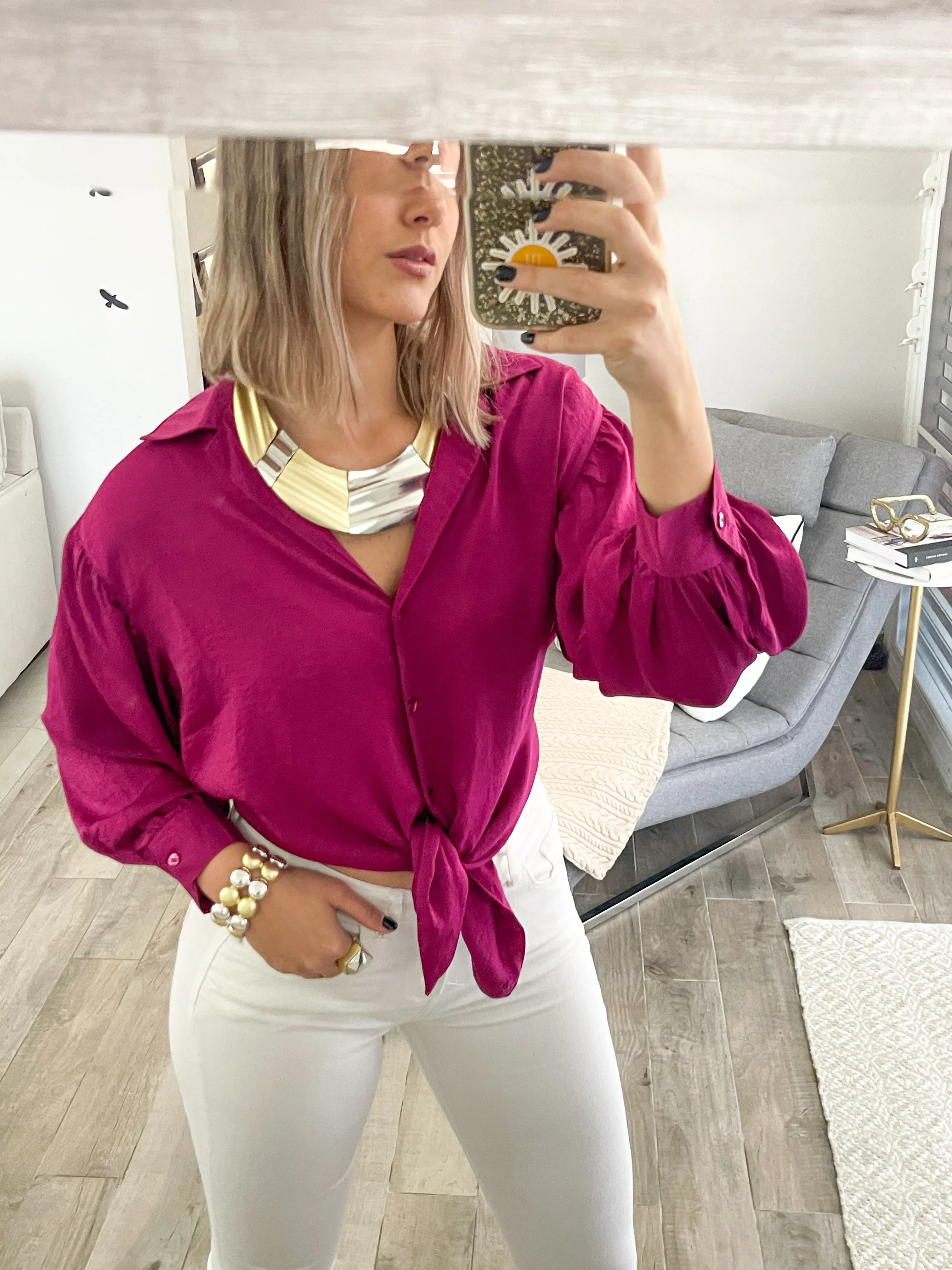 MAGENTA SATIN TIE TOP