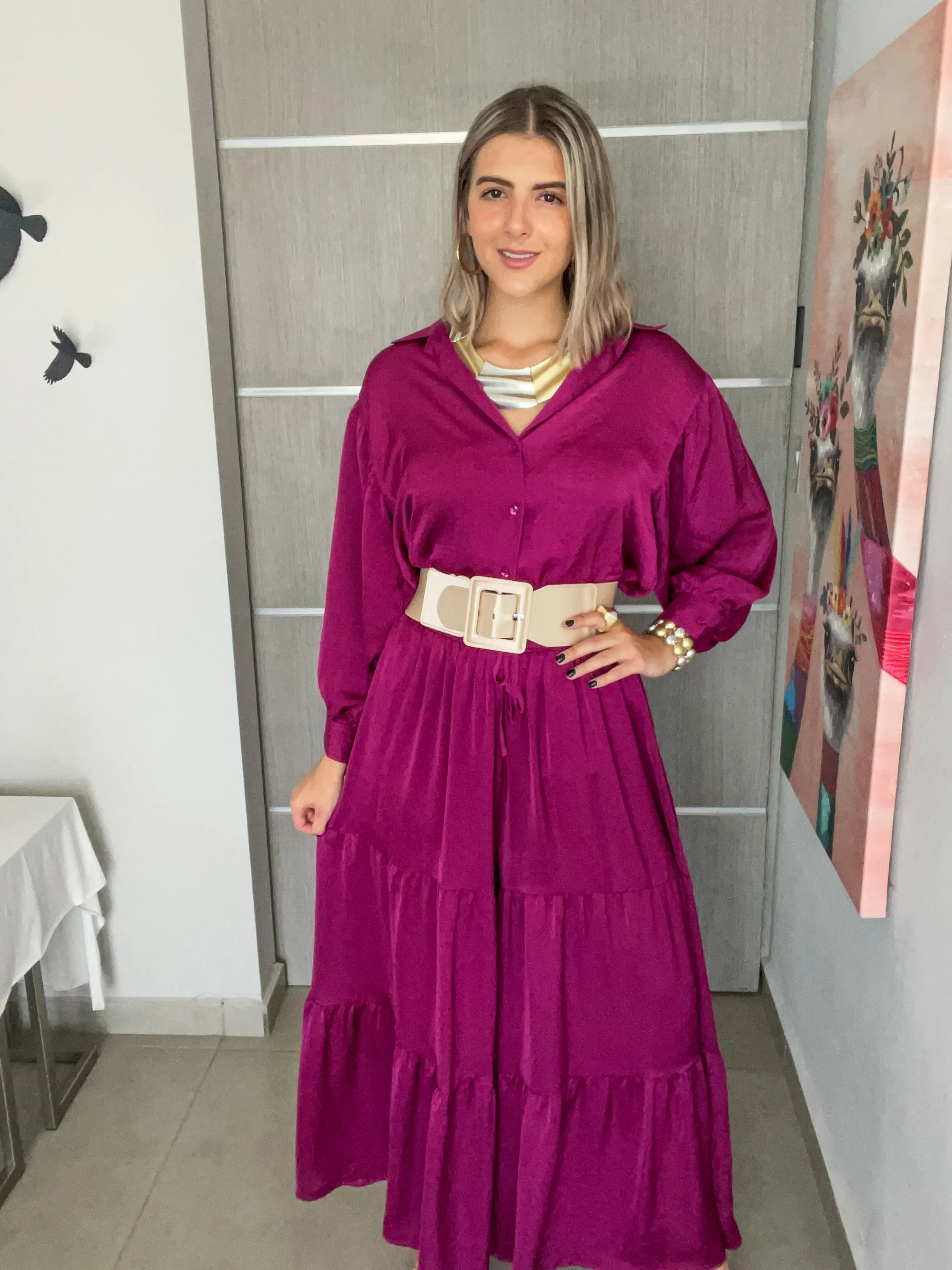 MAGENTA SATIN TIE TOP