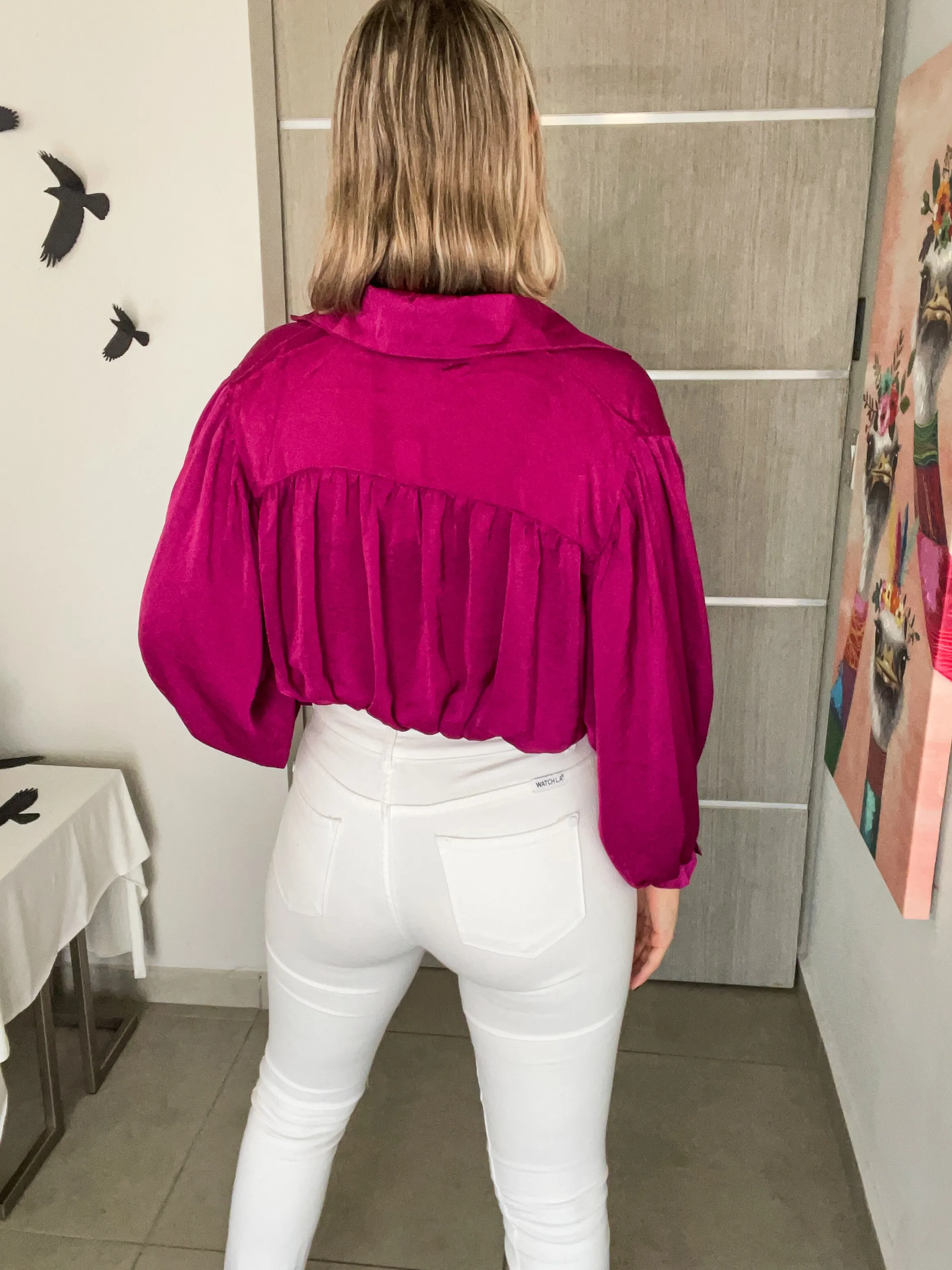 MAGENTA SATIN TIE TOP