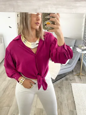 MAGENTA SATIN TIE TOP