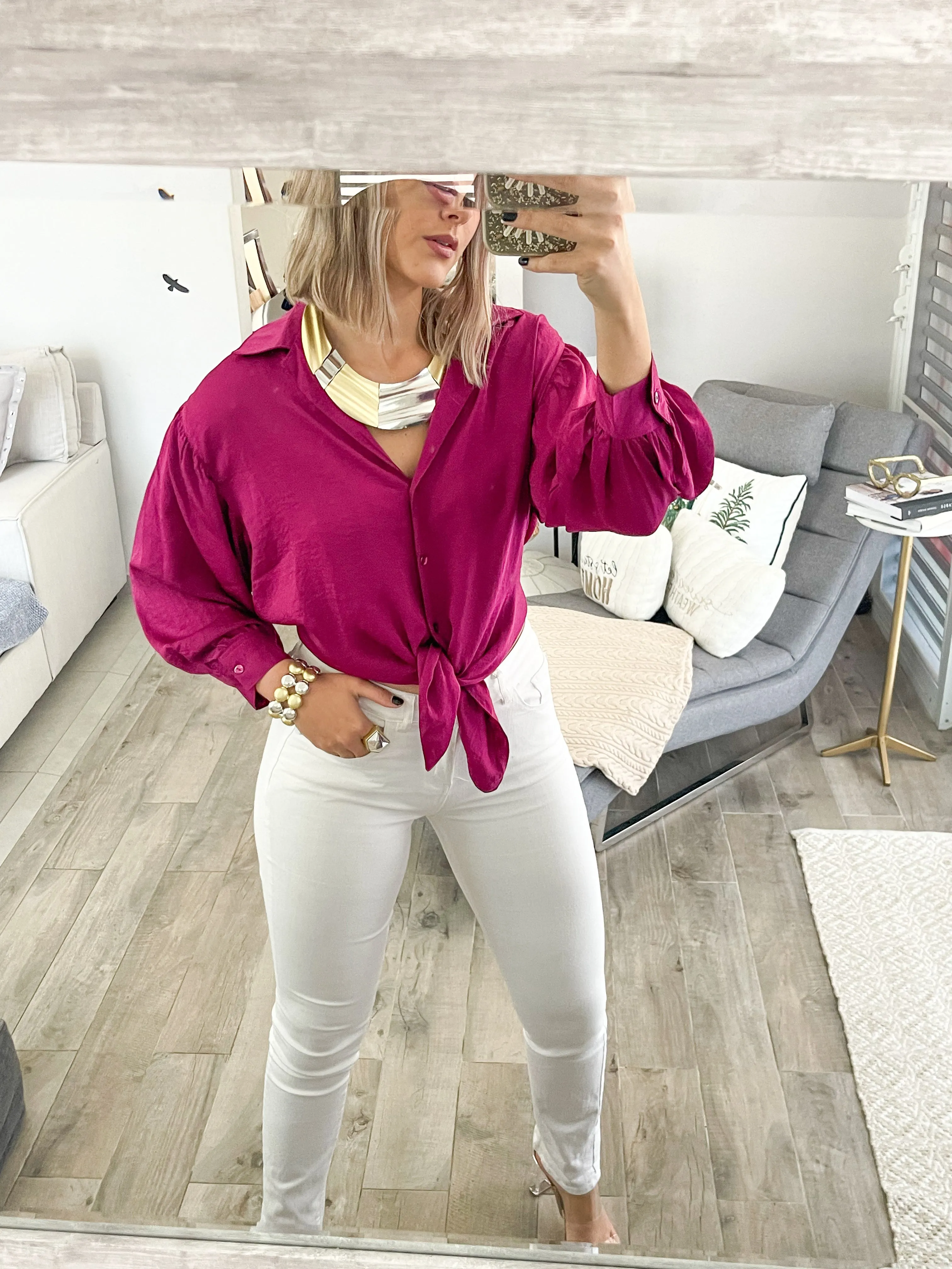 MAGENTA SATIN TIE TOP