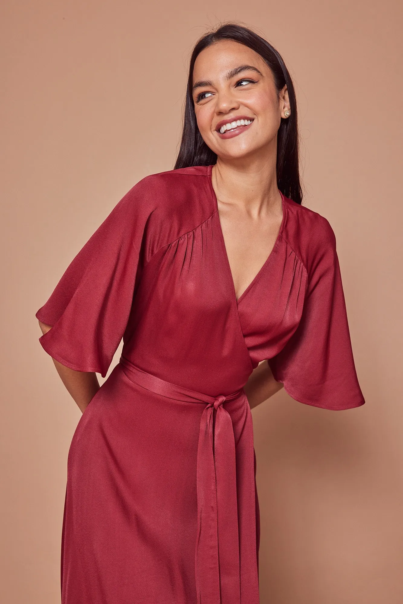 Margot Satin Wrap Dress - Burgundy