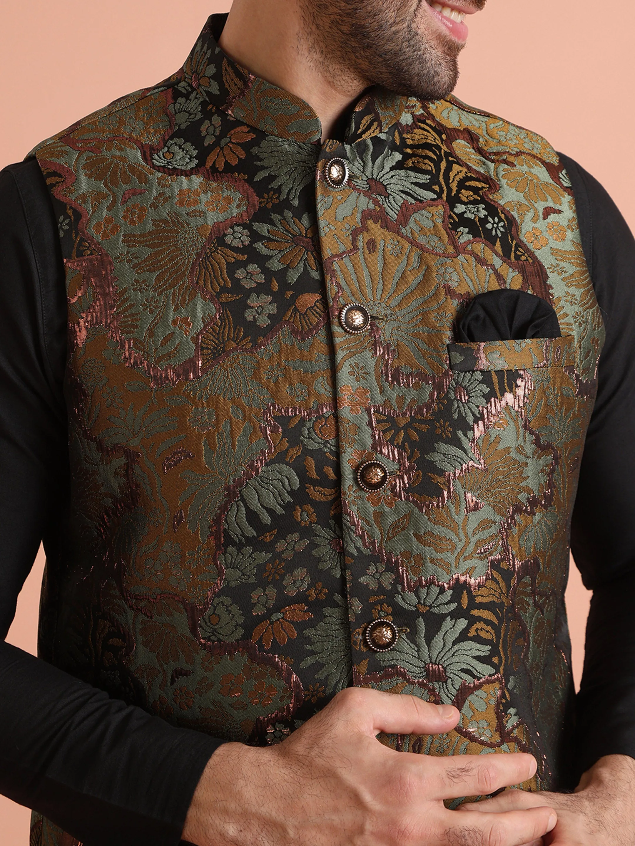 Men Sage Green Abstract Nehru Jacket (Set of 1)