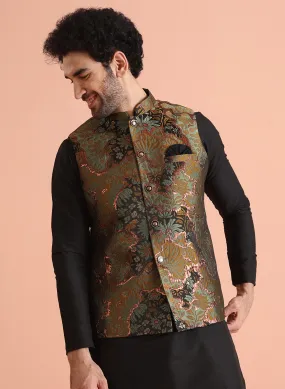 Men Sage Green Abstract Nehru Jacket (Set of 1)