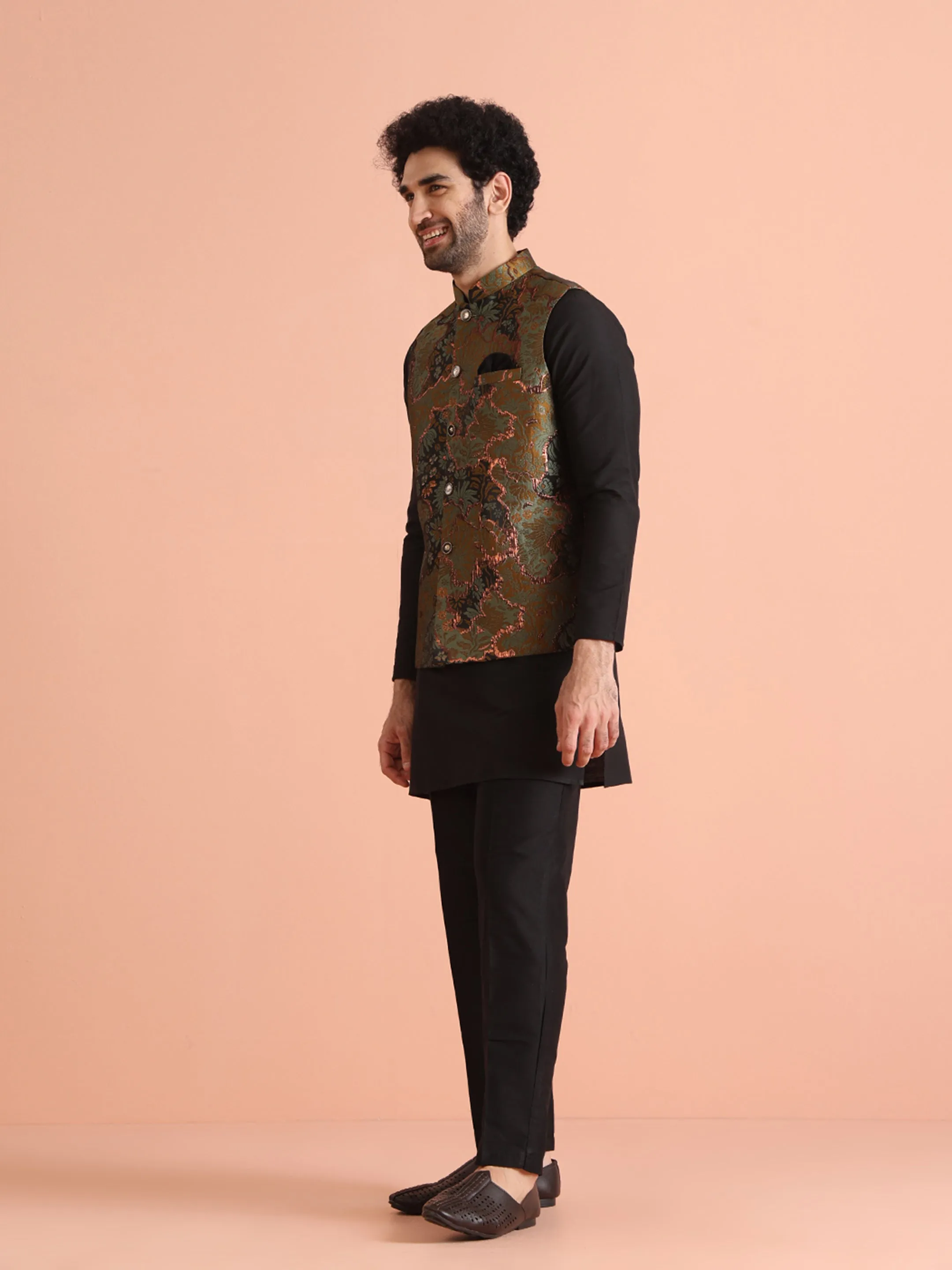 Men Sage Green Abstract Nehru Jacket (Set of 1)