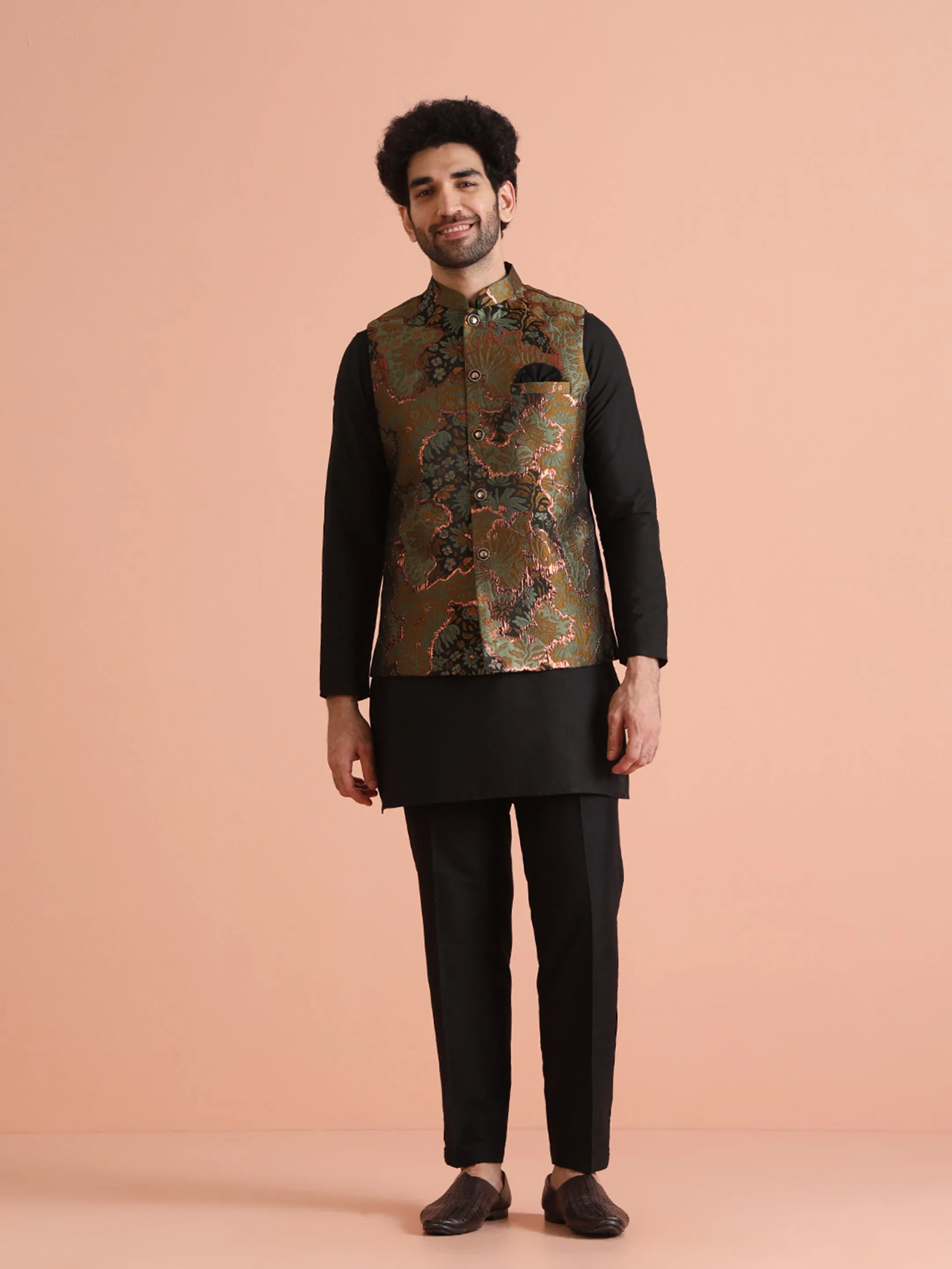 Men Sage Green Abstract Nehru Jacket (Set of 1)