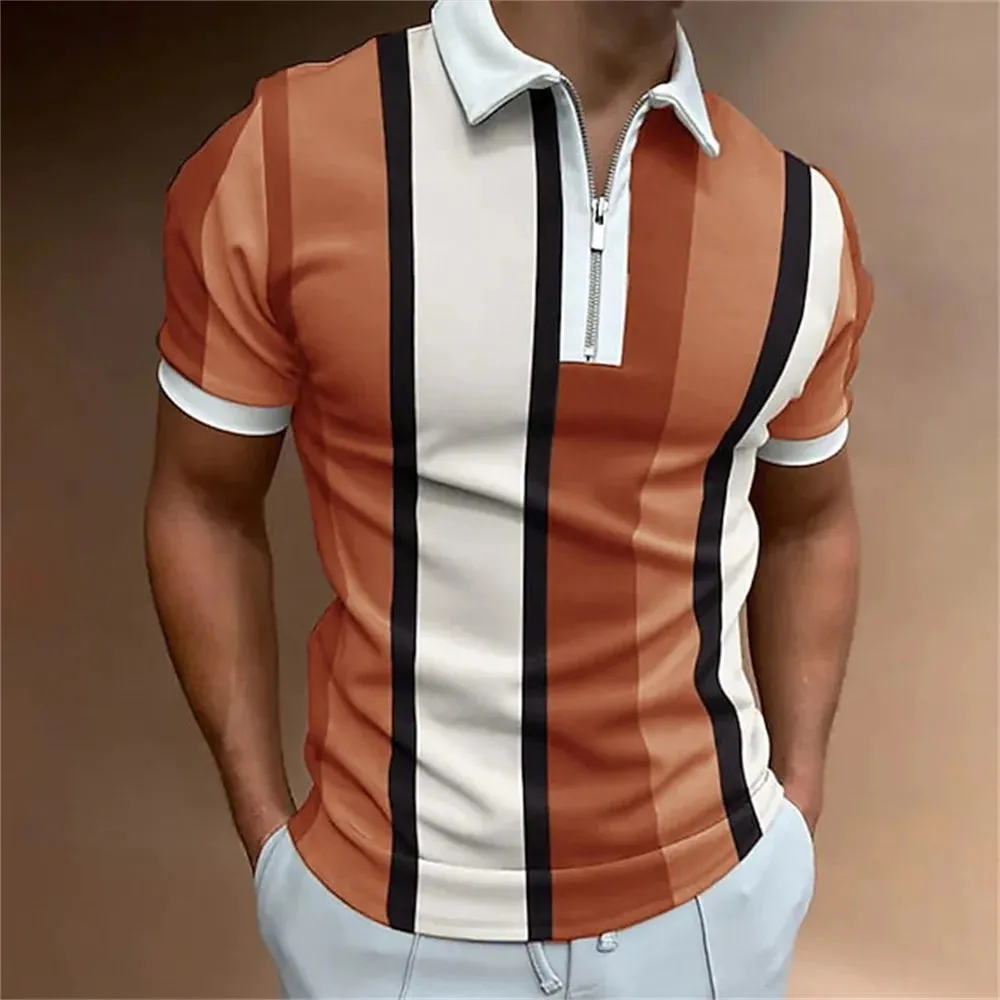 Men's Solid Striped Polo Shirt-Short Sleeve Casual Top-Zipper Collar Polo