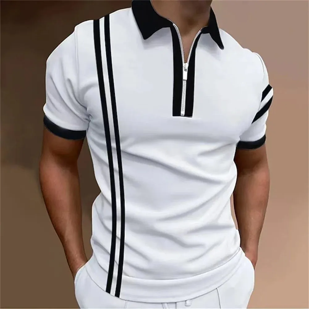 Men's Solid Striped Polo Shirt-Short Sleeve Casual Top-Zipper Collar Polo